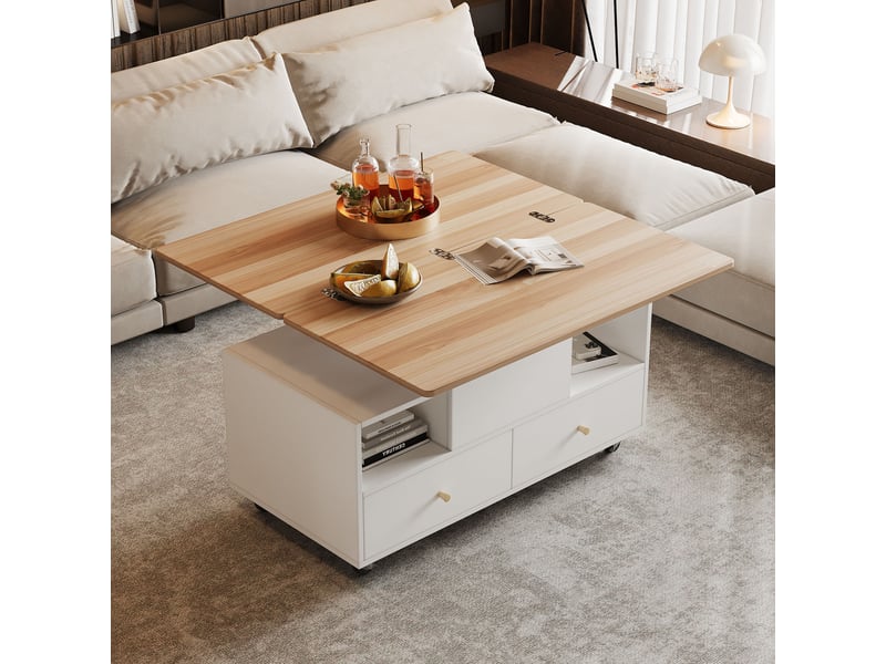 Table basse relevable et extensible en bois et blanc, table basse avec 4 tiroirs sur roulettes, 100x50x47.5cm - Conforama E