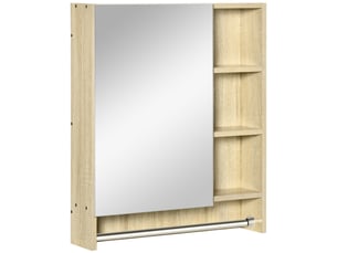 Meuble de salle de bain mural avec miroir, étagères réglables et porte-serviettes, design compact pour lavabo ou wc, 60 x 15 x 70 cm, chêne
