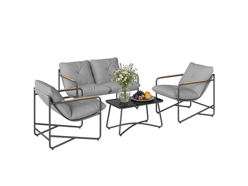  Salon de jardin 4 pcs avec canapé 2 pl. 2 fauteuils et table basse, coussins, gris clair  - Conforama B