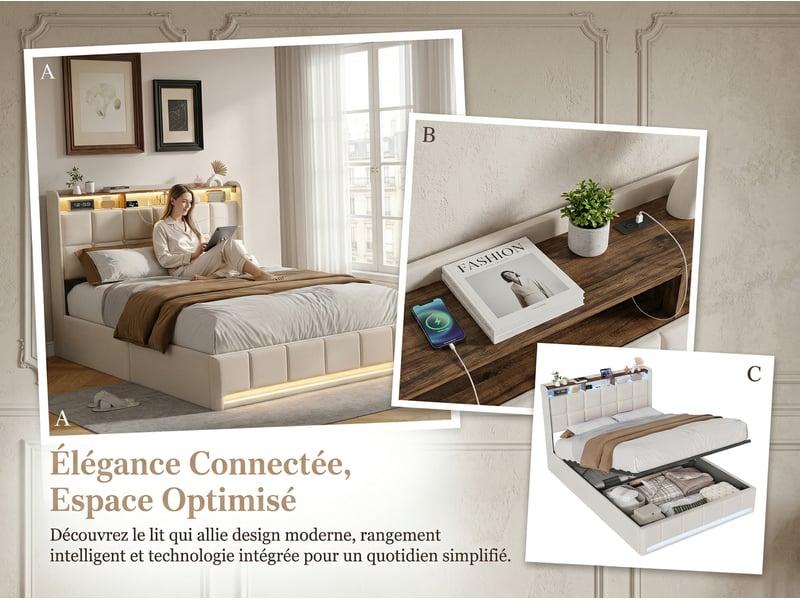  Lit coffre 140x200 cm led rgb sous-lit, lit capitonné avec usb, sommier à lattes  - Conforama D