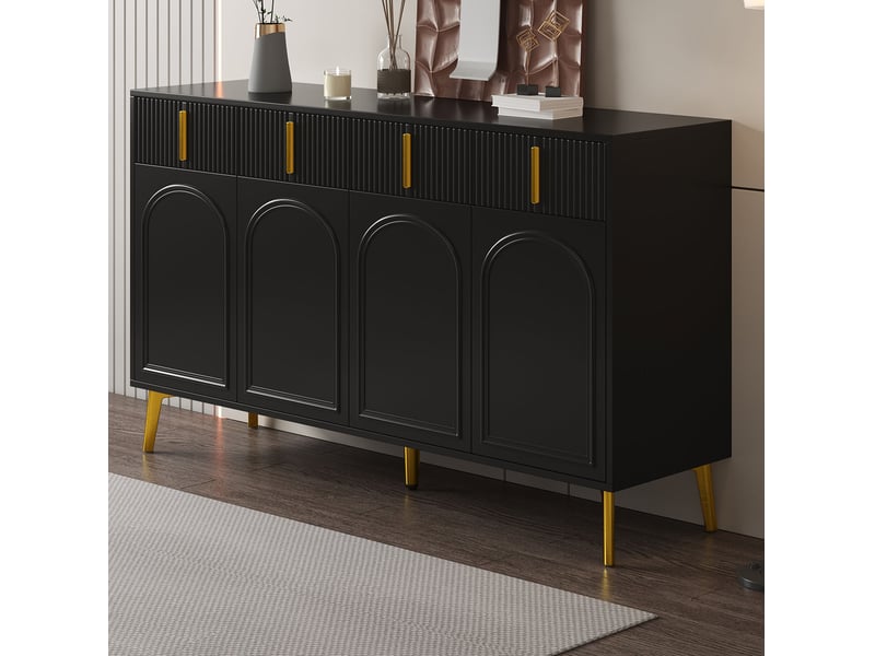  Buffet noir en mdf 140 cm – 4 portes, 4 tiroirs et détails dorés  - Conforama D