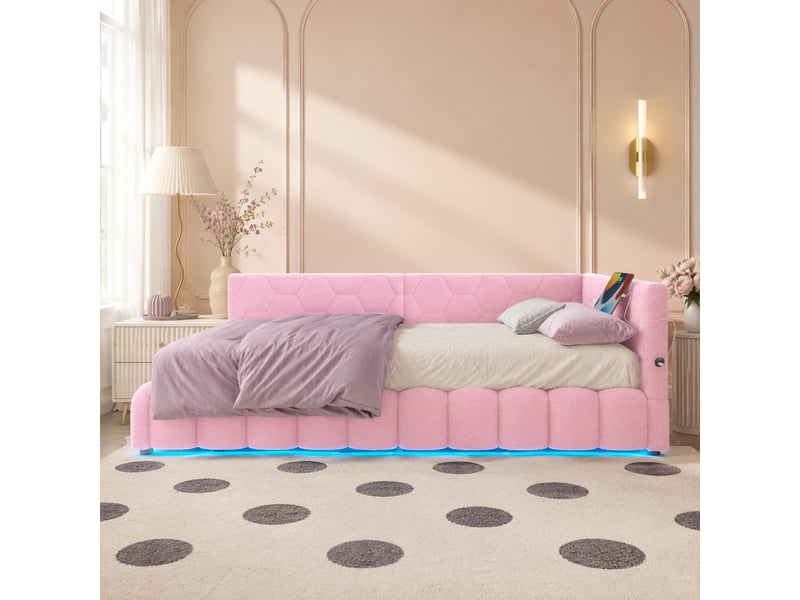  Méridienne lit de repos avec rangement hydraulique, sommier à lattes, éclairage et ports usb, en velours blanc et rose  - Conforama B