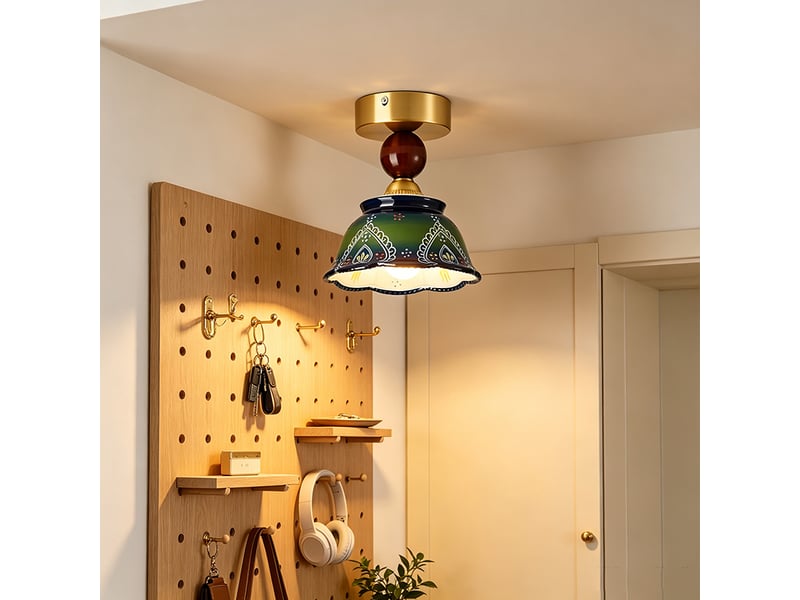  Plafonnier en céramique vert forêt, style bohème rétro, abat-jour floral, e27, lumière chaude  - Conforama E