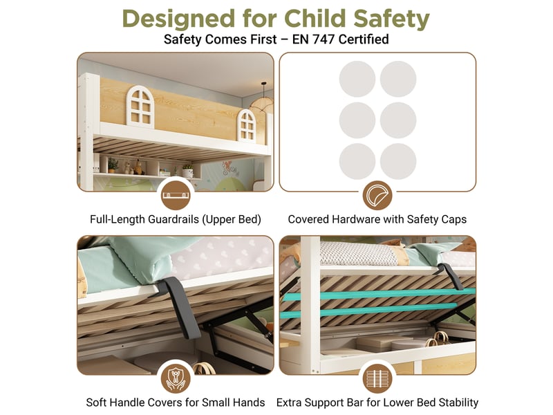  Lit superposé 90 × 200 cm 2 places avec coffre, escalier rangement et étagères, sans matelas, blanc et naturel  - Conforama E