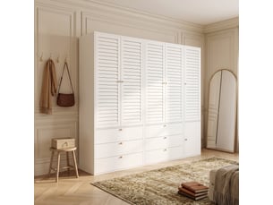 Armoire penderie 5 portes 225x50x200 cm en panneaux de particules avec portes à lamelles, 3 tringles et 6 tiroirs, dressing rangement - blanc