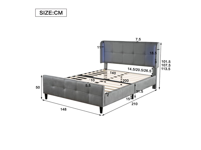 Lit 2 places 140x200cm, tête de lit réglable, sommier, éclairage avec éclairage led, velours gris, sans matelas - Conforama C