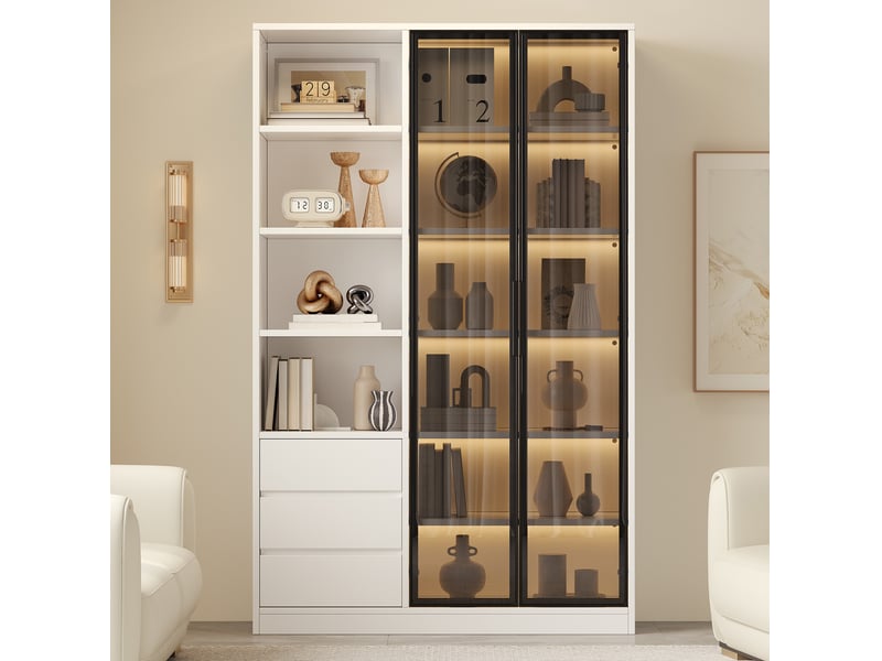  Vitrine haute 100 x 35 x 160 cm – blanc – led intégrée, rangements et 3 tiroirs pour salon moderne  - Conforama B