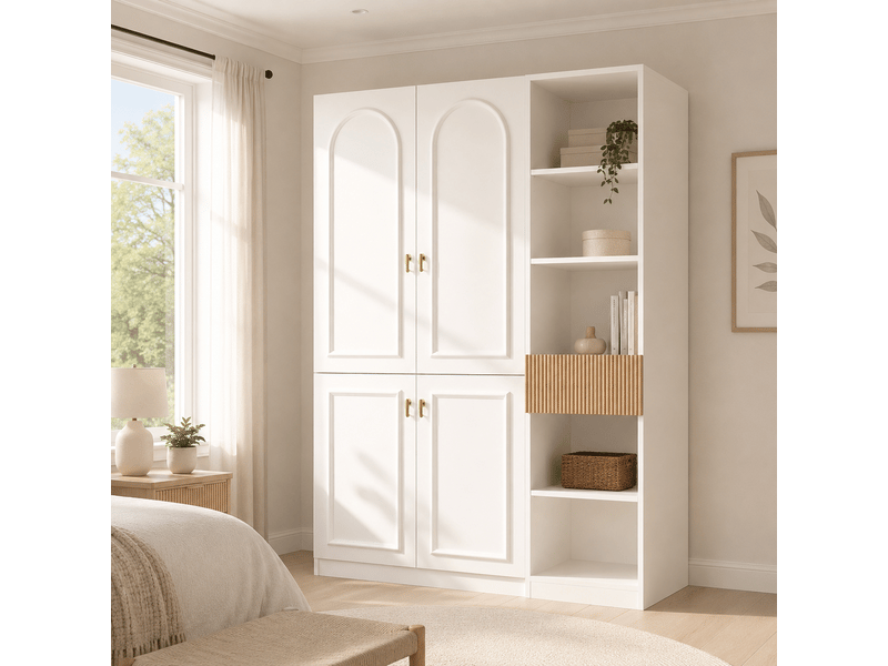  Armoire penderie blanc et bois, garde-robe 135x50x200 cm avec 2 barres et étagères, meuble de rangement pour chambre et salon  - Conforama E