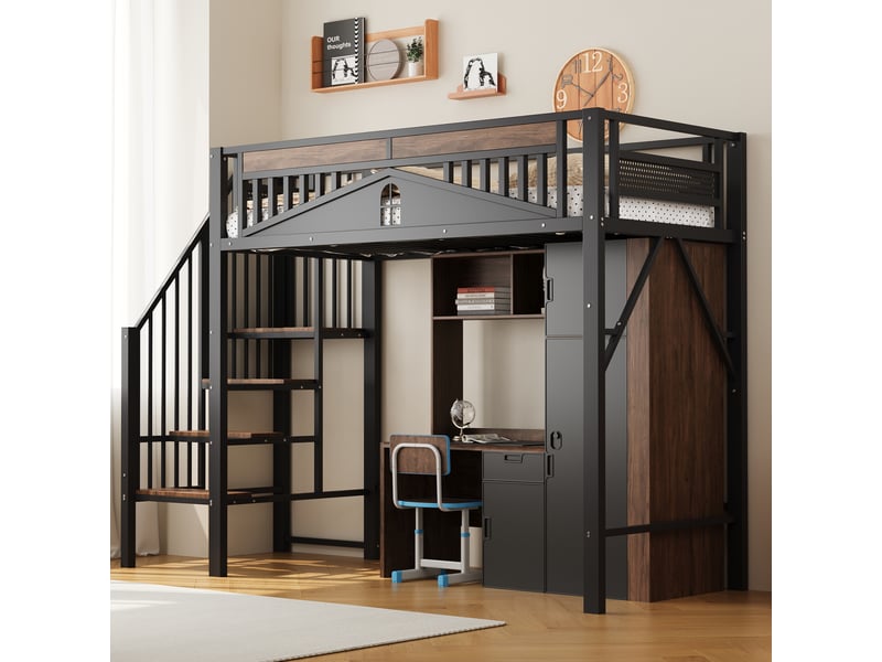  Lit mezzanine 90x200cm coloris noir métal et bois massif lit enfant noir - Conforama E