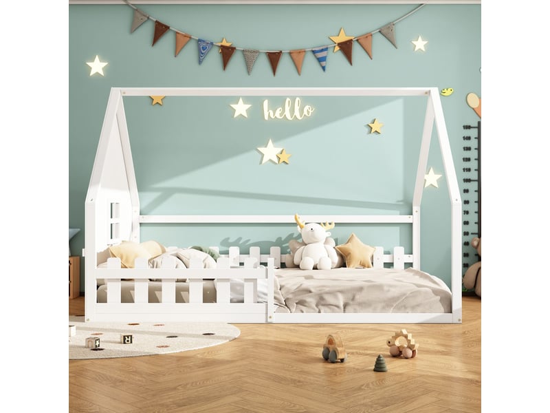  Lit cabane enfant 140x200 cm - avec barrière de sécurité en bois - lit enfant - design maison au sol esthétique et durable blanc  - Conforama B