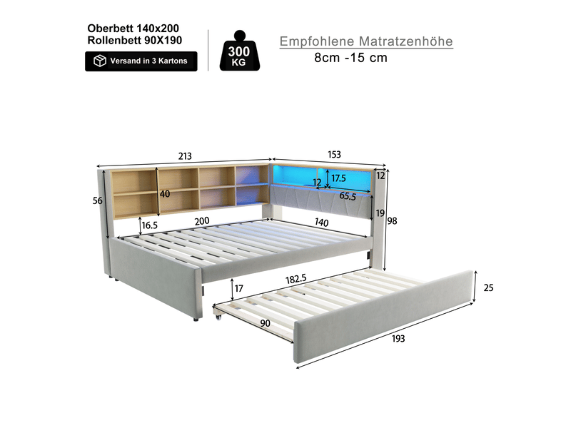  Canapé-lit 140*200 cm avec lit gigogne 90*190 cm, led, usb, rangements, gris clair et cadre stable multifonctionnel  - Conforama B