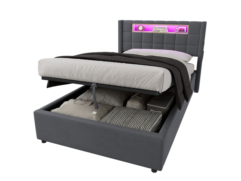  Lit coffre 90x200 cm - avec led, 2 ports usb et 1 port type-c - en velours - gris foncé et gris - sans matelas  - Conforama A