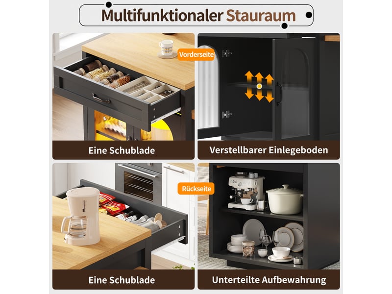 Îlot de cuisine extensible avec led, 2 tiroirs, étagères réglables, portes en verre rainuré et plan de travail mdf - Conforama C