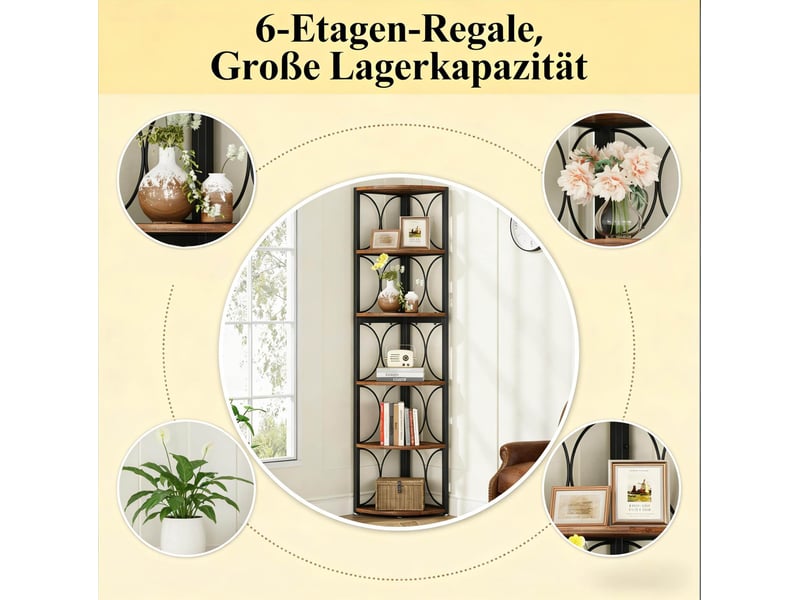  Étagère d'angle multifonction 6 niveaux 107 cm noir et brun rustique en métal et bois, gain de place  - Conforama D