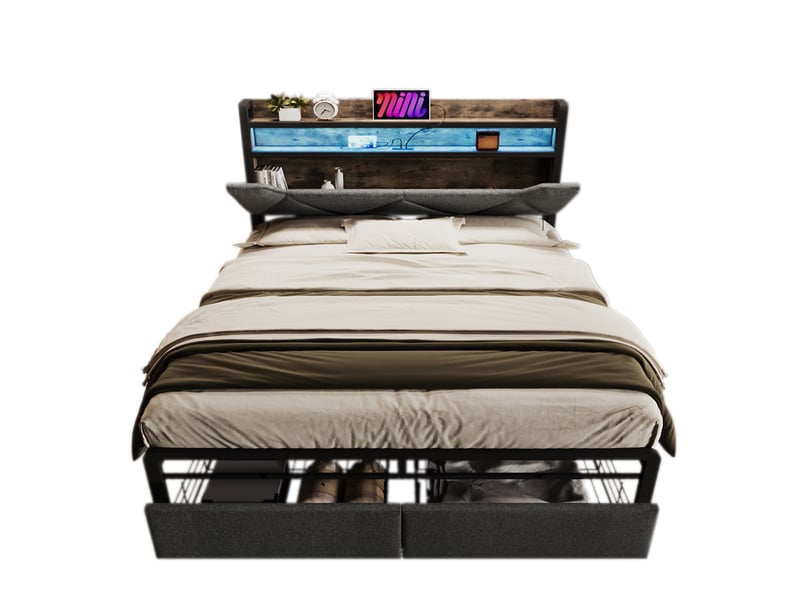 Lit double 140x200cm, tête de lit de rangement, éclairage led, 2 tiroirs, port usb, incluant un matelas, lin, gris - Conforama A