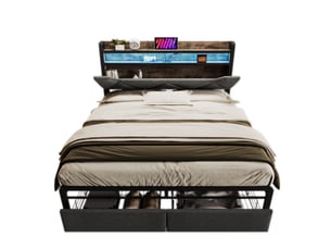 Lit double 140x200cm, tête de lit de rangement, éclairage led, 2 tiroirs, port usb, incluant un matelas, lin, gris