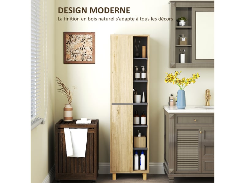 Meuble colonne salle de bain, bois naturel, armoire de salle de bain avec 6 compartiments ouverts et 2 placards - Conforama E