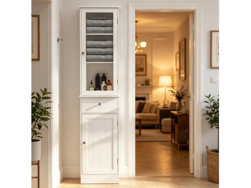 Armoire de salle de bain moderne avec 2 portes 1 tiroir et 3 étagères, surface résistante à l'eau blanche - Conforama D