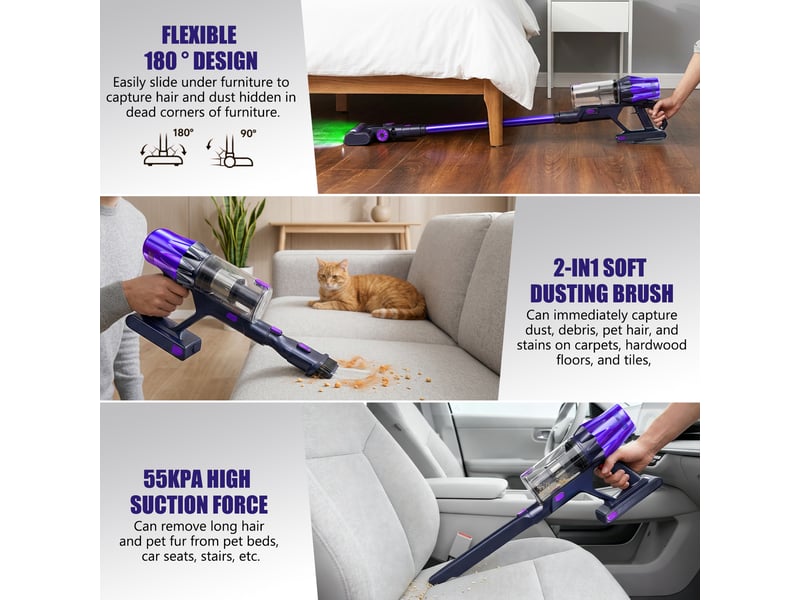  Aspirateur sans fil,600w55 kpa,autonomie de 60 minutes,pour la maison,aspirateur balai autoportant avec brosse anti-emmêlement et écran tactile oled  - Conforama D