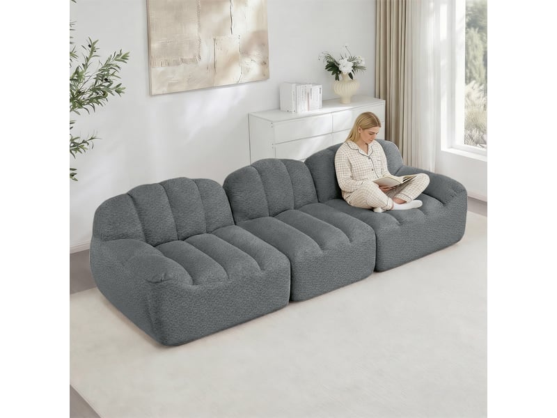  Canapé droit coquille 3 places bouclette gris – 288 x 104 x 79 cm Fay Lum - Conforama D
