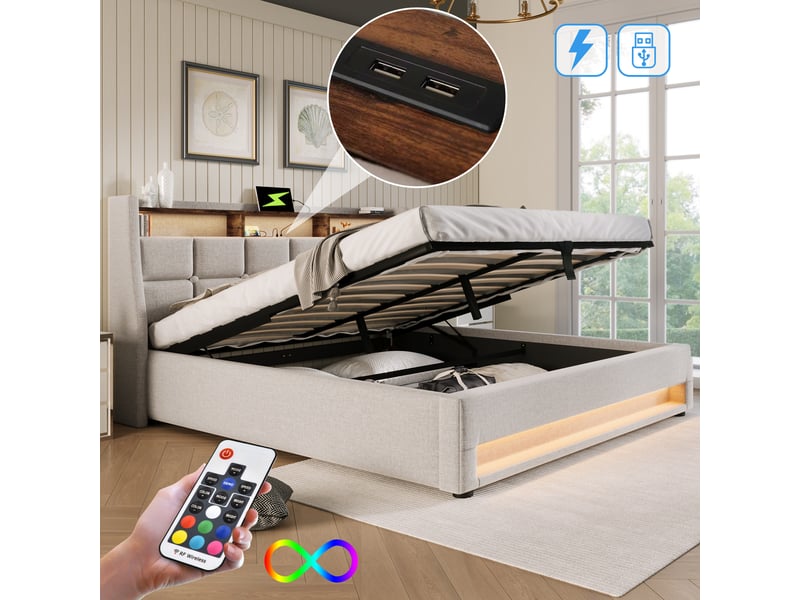 Lit coffre hydraulique 140x200 cm avec led et usb, lit double rembourré avec tête de lit à étagère, sommier à lattes, lin - beige clair - Conforama D