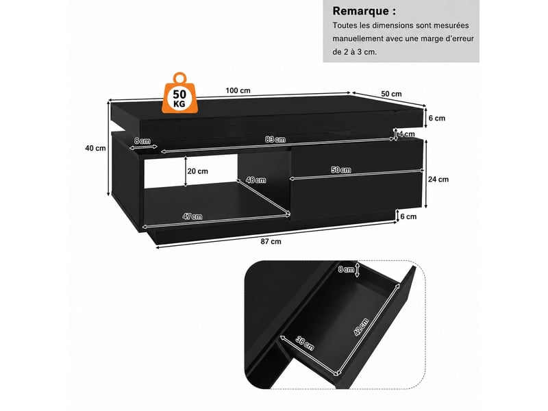 Ensemble meuble tv mural et table basse noir brillant avec led, meuble tv 181 cm pour écran jusqu’à 80 pouces, noir - Conforama D