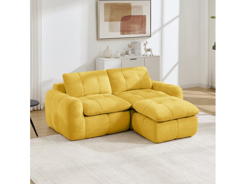  Canapé d'angle modulaire 2 places avec pouf, modules reconfigurables et dessous antidérapant en chenille jaune  - Conforama E