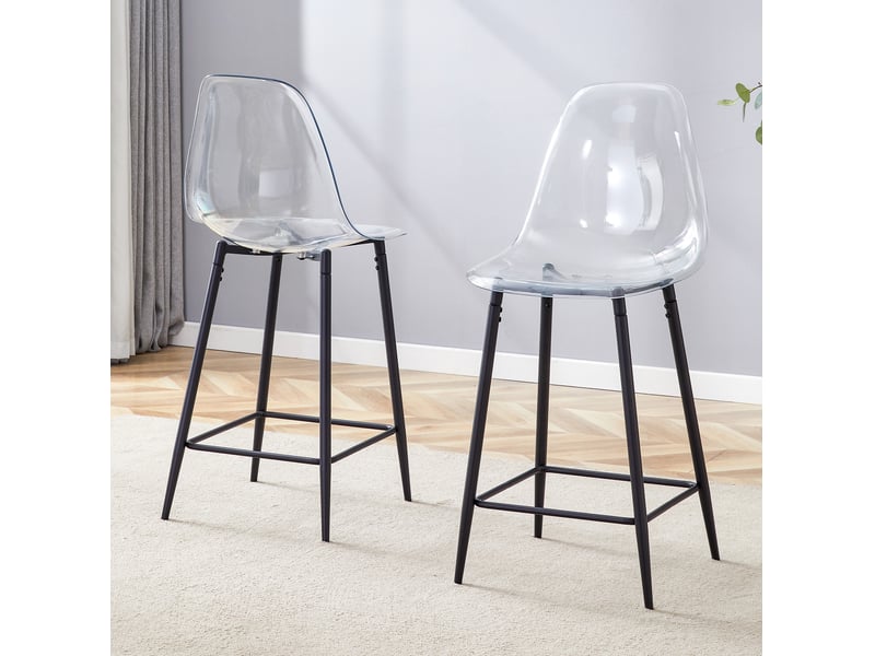 Tabouret de bar lot de 2 avec repose-pieds et structure métallique, en plastique transparent et noir pour cuisine - Conforama D