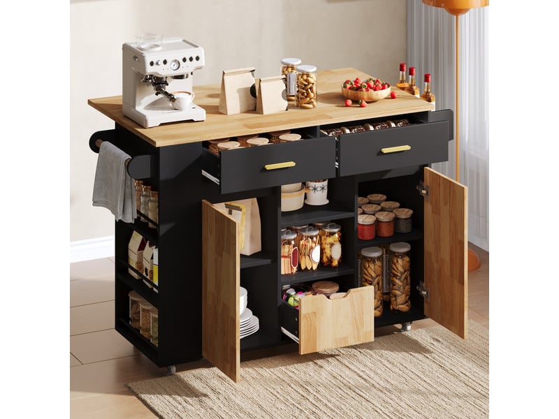  Îlot de cuisine mobile 120x45(71) cm avec plateau pliant, rangement, 3 tiroirs, étagères épices, porte-serviettes, roulettes - noir et bois  - Conforama C