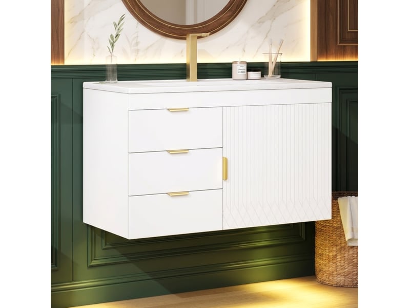 Meuble sous vasque suspendu 76x46x51 cm blanc avec vasque céramique et led - Conforama D