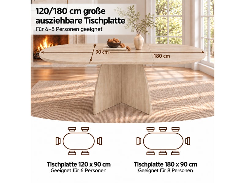  Table à manger ovale extensible 120-180x90x75cm pour 6 à 8 personnes, design épuré avec plateau effet travertin evarich - Conforama D
