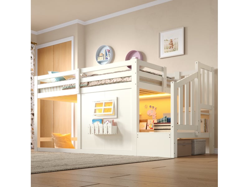  Lit mezzanine enfant 90x200 avec escalier de rangement et led evryae  - Conforama C