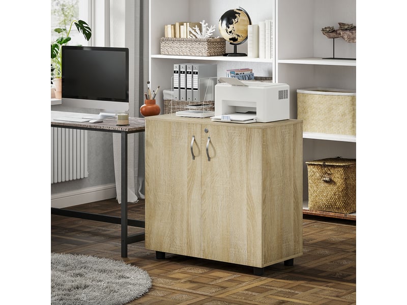  Armoire de bureau à 2 niveaux, meuble de rangement bureau avec 2 portes, serrures et clés, chêne, 80x40x80cm  - Conforama R