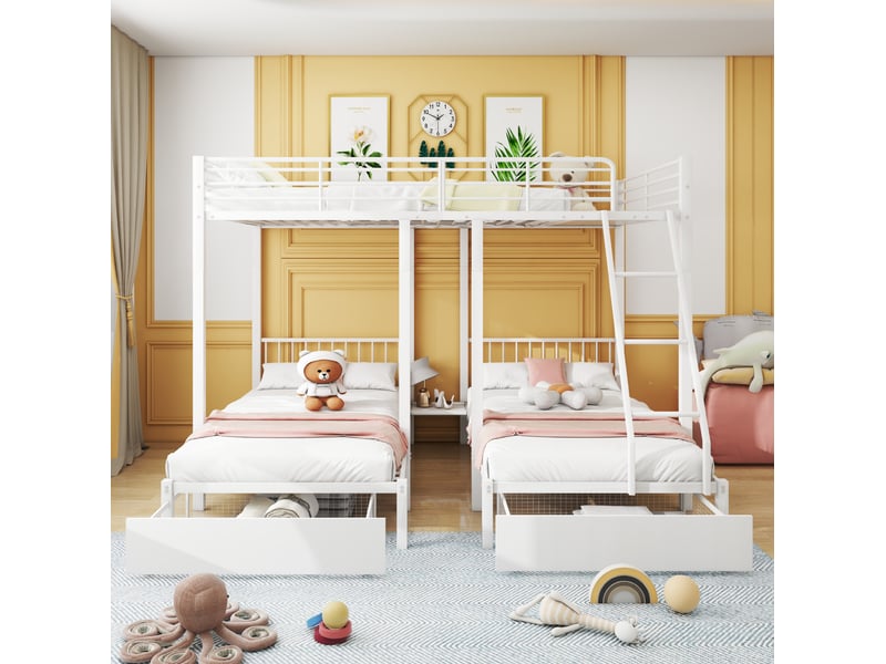 Lit superposé enfant 140x200 cm – blanc – 3 couchages modulables en métal avec 2 tiroirs, sans matelas - Conforama B