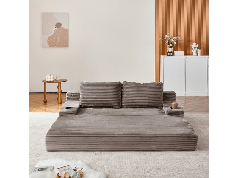 Canapé droit convertible 2 places en velours côtelé marron, avec porte-gobelets et poches de rangement latérales - Conforama E