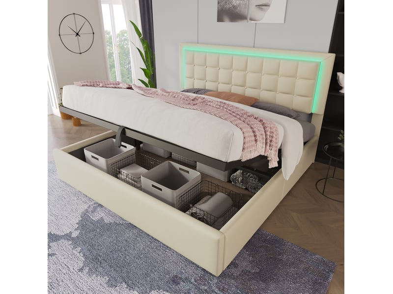  Lit coffre double 160x200 avec sommier, led et rangement hydraulique, avec matelas pour chambre en polyuréthane blanc  - Conforama B