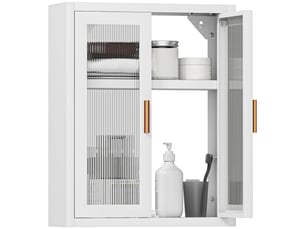 Armoire murale de salle de bain, meuble haut salle de bains avec 2 portes cannelées, étagère réglable, 40x14x50cm, blanc
