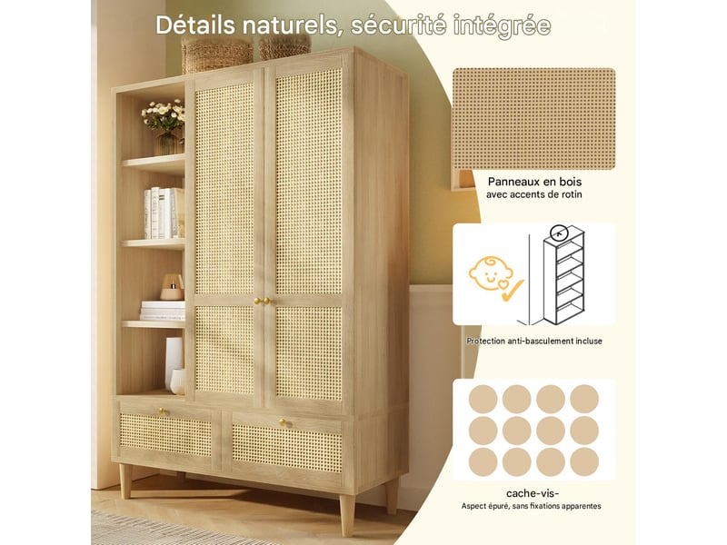  Armoire penderie 2 portes rotin 2 tiroirs coloris chêne 120 x 50 x 180 cm AB30713567A - Conforama E