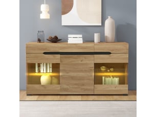 Buffet moderne led chêne 140x35x80 cm bahut 3 portes 3 tiroirs meuble de rangement