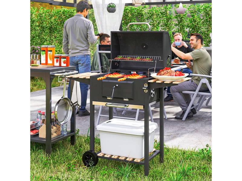  Barbecue au charbon de bois, bac à charbon réglable en hauteur, chariot de barbecue, étagères, thermomètre, ouvre-bouteille, acier, bois, noir  - Conforama C