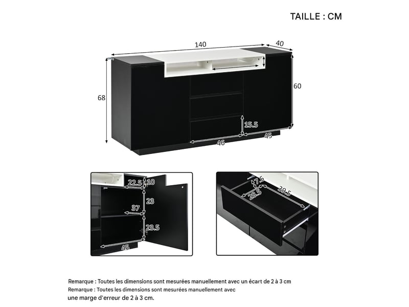  Buffet 2 portes 3 tiroirs avec led en panneau de particules noir 140x40x68 cm N625P333718719S - Conforama C