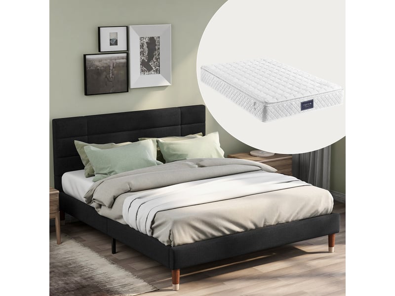  Lit double 140x200 cm en lin noir – sommier et matelas à ressorts  - Conforama D