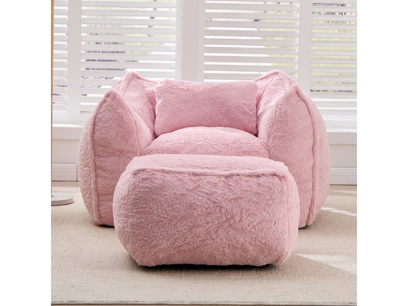 Canapé géant pour adulte et enfant en fausse fourrure avec coussin et repose-pieds, garnissage mousse haute densité, pour lecture et gaming, rose - Conforama C