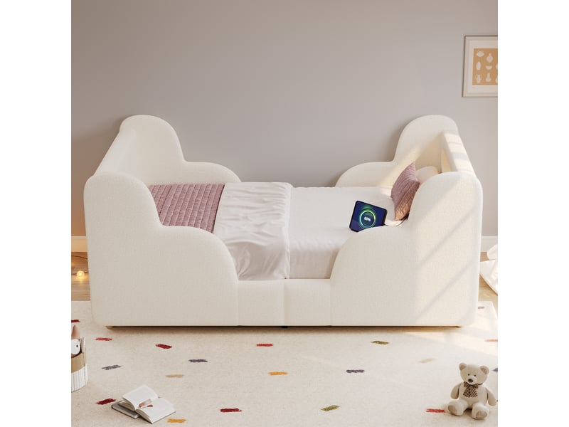  Lit enfant 90x200 cm rembourré avec barrière de sécurité, veilleuse led, port usb et rangements, pieds en bois massif, bouclette, beige OPULERANE TRADING LTD - Conforama D