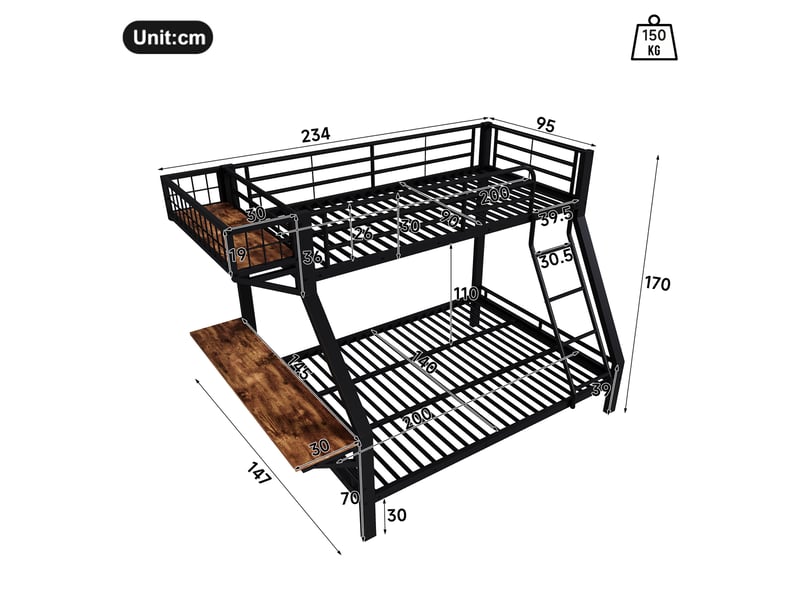  Lit superposé - 90x200 cm - 140x200 cm - bureau intégré - échelle - barrières de sécurité - rangements intégrés - lit enfant - noir CozyNest - Conforama E