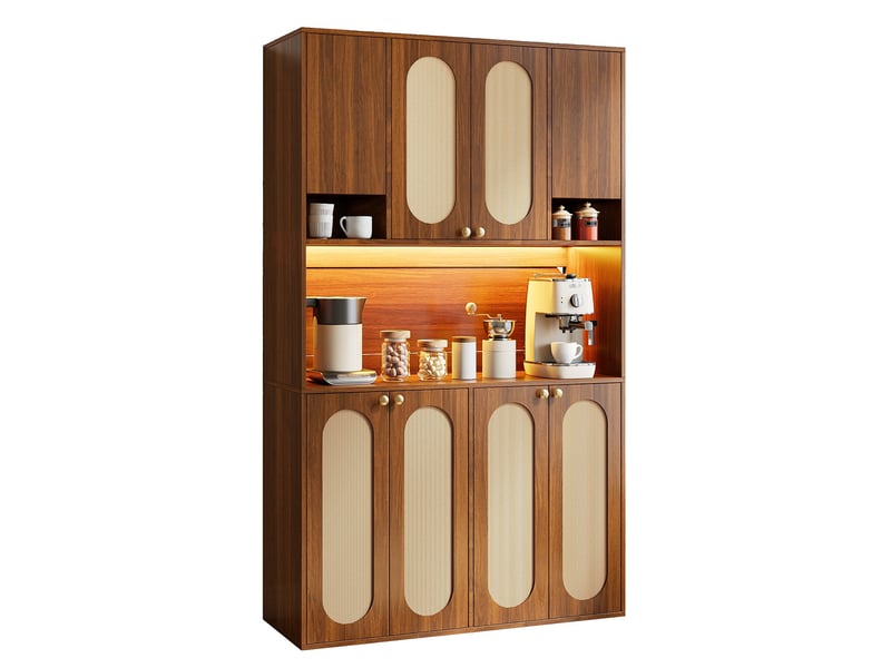  Buffet haut avec 8 portes, niche bar ouverte et led réglable en mdf et rotin pe naturel, pour salle à manger salon  - Conforama A