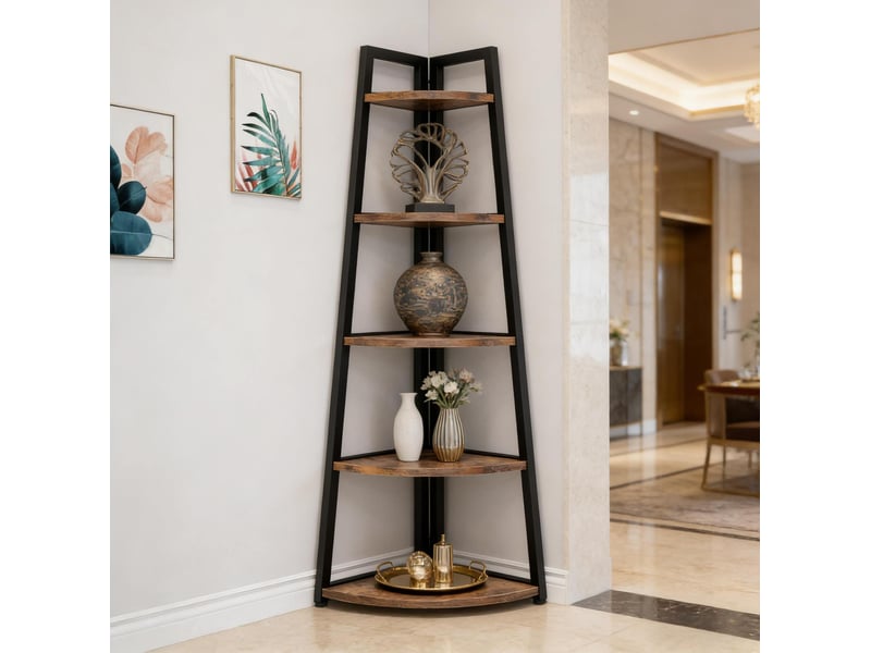 Bibliothèque d'angle avec 5 étagères, structure en métal et bois, pour salon, chambre ou cuisine, noir et marron rustique - Conforama C