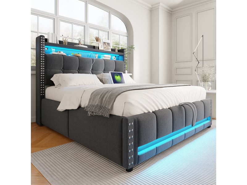  Lit double rembourré 160*200cm avec led et usb, tête avec étagères et rangement, coffre hydraulique, lin gris  - Conforama E