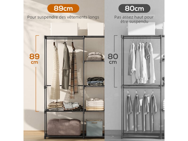 Armoire de rangement, penderie en tissu avec barre de suspension et étagères, 182 x 43 x 185 cm, noir  - Conforama E