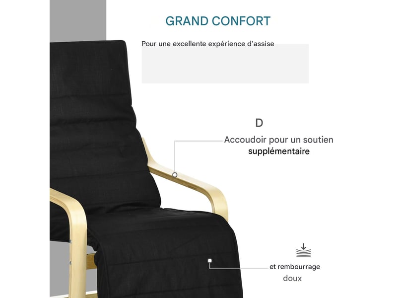  Fauteuil de relaxation avec repose-pieds réglable bois et noir 66,5 x 94 x 100 cm  - Conforama D